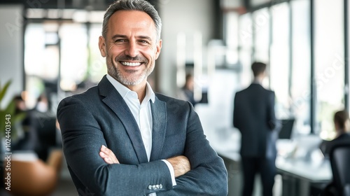 A confident middle-aged businessman in a tailored suit smiles warmly as he stands