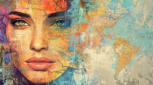 Wallpaper Mural Abstract painting featuring a map inspired background alongside the visage of an attractive woman Ideal for wallpapers posters and decor in various settings like cafes and homes Torontodigital.ca
