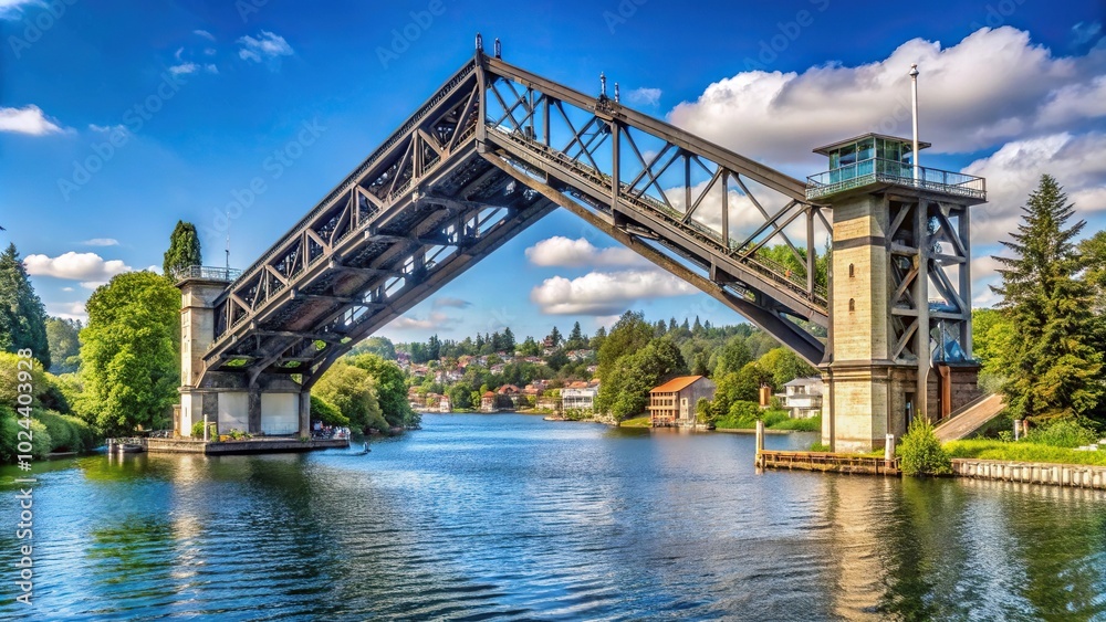 tilted angle Montlake Bridge double leaf bascule bridge over the Montlake Cut tilted angle Montlake Bridge double leaf bascule bridge over the Montlake Cut