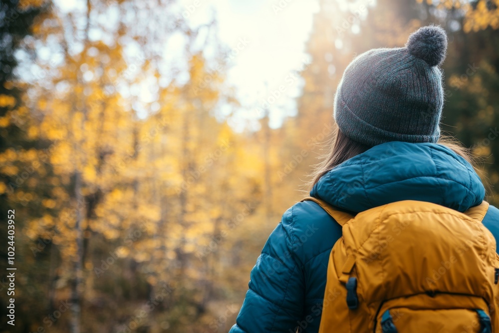 Adventurer among an Autumn Landscape. Back View of Young Woman Wearing Knitted Hat, Jacket, Backpack in Forest Woods Nature. Beauty and Adventure. Vibrant colorful fall scenery. Travel hike. Journey Adventurer among an Autumn Landscape. Back View of Young Woman Wearing Knitted Hat, Jacket, Backpack in Forest Woods Nature. Beauty and Adventure. Vibrant colorful fall scenery. Travel hike. Journey
