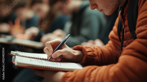 Student taking notes, close-up of hand writing in a notebook, focused classroom environment