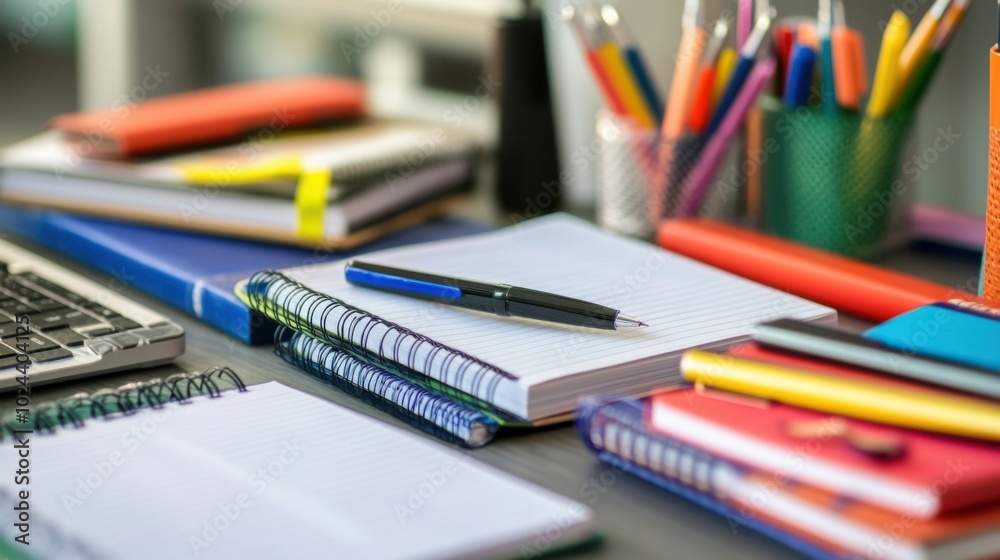 Study materials, close-up of textbooks, notebooks, and pens arranged on a desk Study materials, close-up of textbooks, notebooks, and pens arranged on a desk