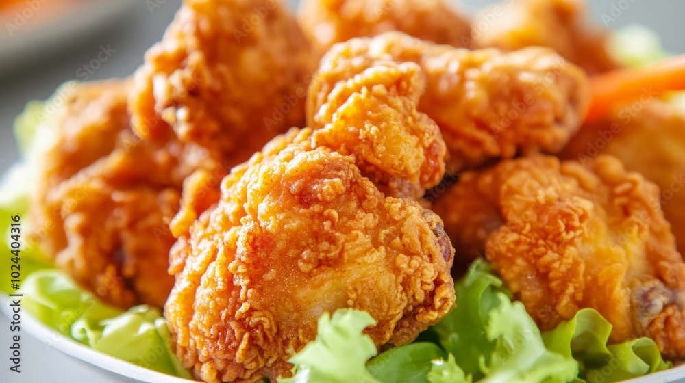Close-up of crispy fried chicken pieces on a bed of lettuce. Close-up of crispy fried chicken pieces on a bed of lettuce.