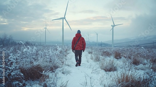 Person walking towards wind turbines in a snowy landscape