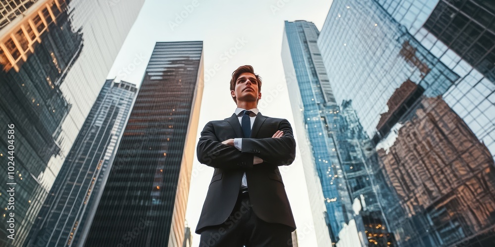 A confident, young professional standing tall in the midst of a bustling cityscape A confident, young professional standing tall in the midst of a bustling cityscape