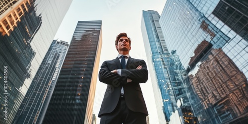 A confident, young professional standing tall in the midst of a bustling cityscape