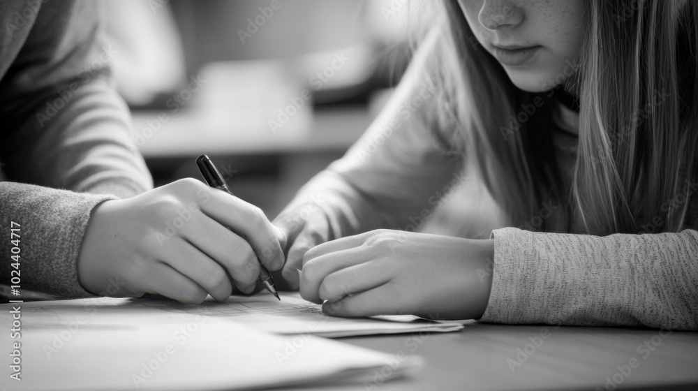 Teacher helping student, close-up of hands guiding a student with homework, supportive setting Teacher helping student, close-up of hands guiding a student with homework, supportive setting