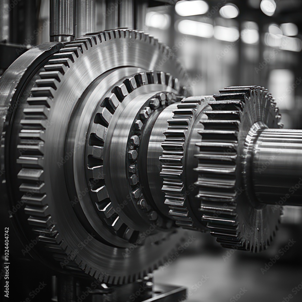 Closeup of a large gear system with many teeth, bearings, and shafts. Closeup of a large gear system with many teeth, bearings, and shafts.