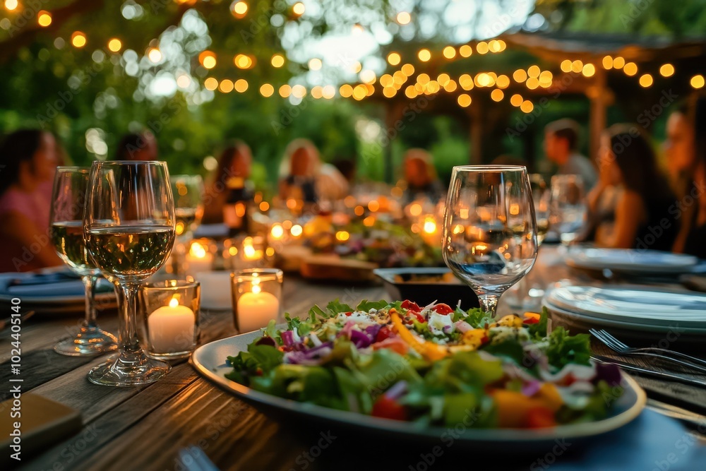 A cozy, intimate outdoor dinner party at sunset, with food, wine glasses, and a colorful salad A cozy, intimate outdoor dinner party at sunset, with food, wine glasses, and a colorful salad