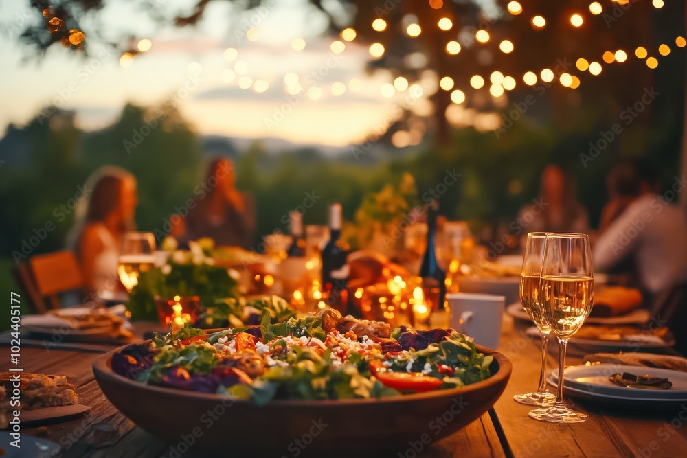 A cozy, intimate outdoor dinner party at sunset, with food, wine glasses, and a colorful salad
