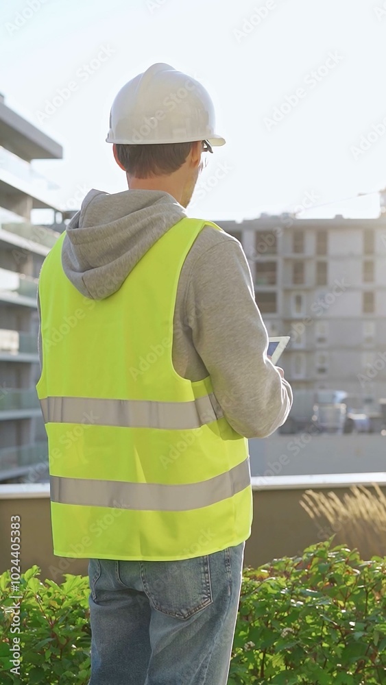 Man engineer with white helmet and safety vest is using tablet computer while inspecting a construction site at sunrise, back vertical view Man engineer with white helmet and safety vest is using tablet computer while inspecting a construction site at sunrise, back vertical view