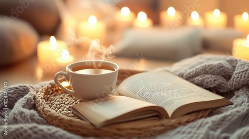 A cozy setup features an open book on a wicker tray, a steaming cup of tea resting on its pages