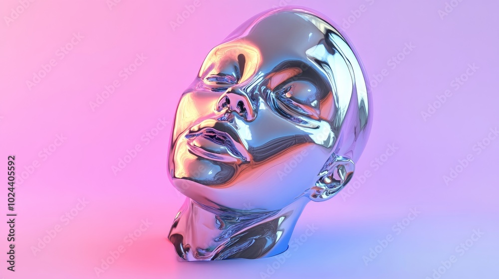 3D rendered abstract sculpture illustrating a chrome metal female form with a flat melting face set against a vaporwave inspired color background 3D rendered abstract sculpture illustrating a chrome metal female form with a flat melting face set against a vaporwave inspired color background