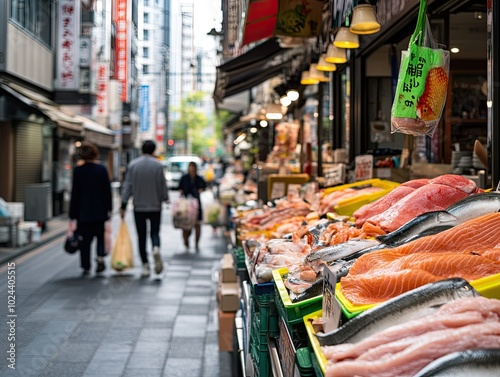 Modern Fish Stalls at Tsukiji Market in Tokyo photo