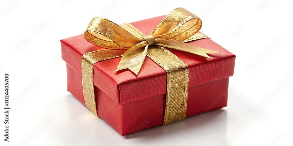 Tilted angle red gift box with golden ribbon on white background
