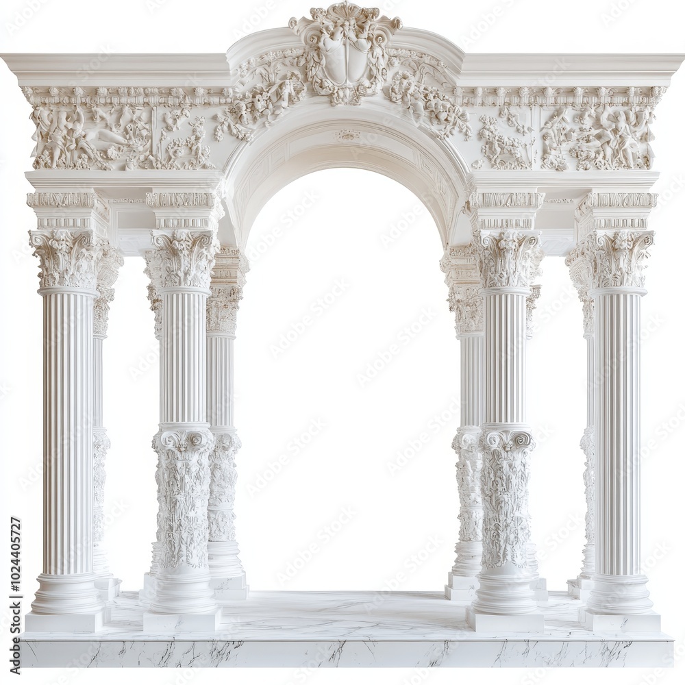 A grand white architectural archway with intricate carvings and columns. A grand white architectural archway with intricate carvings and columns.