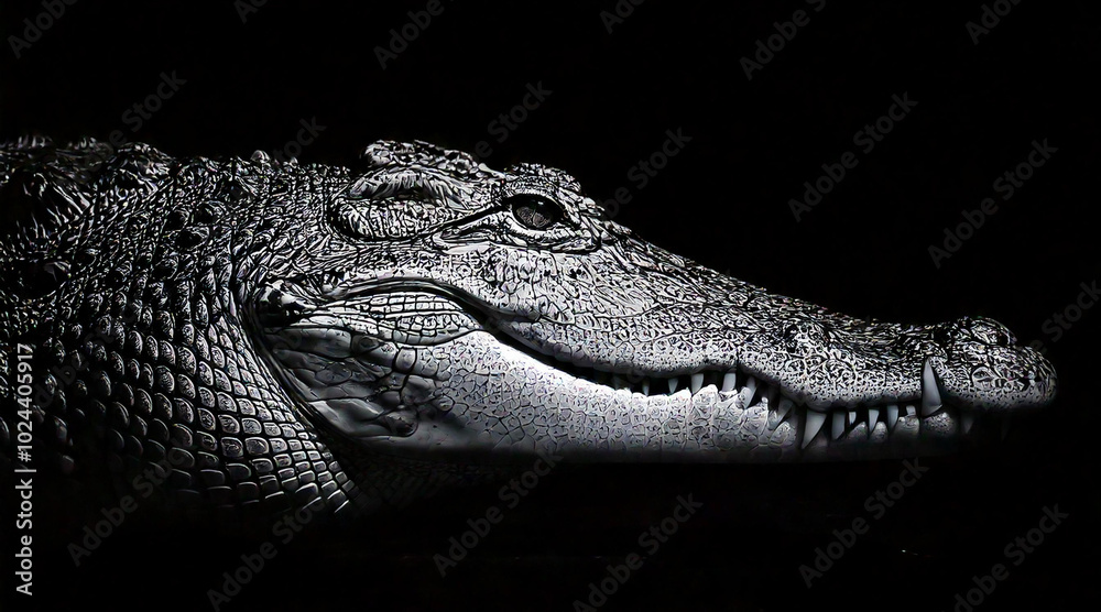 Fototapeta premium An elegant black and white shot of crocodile in a dark setting