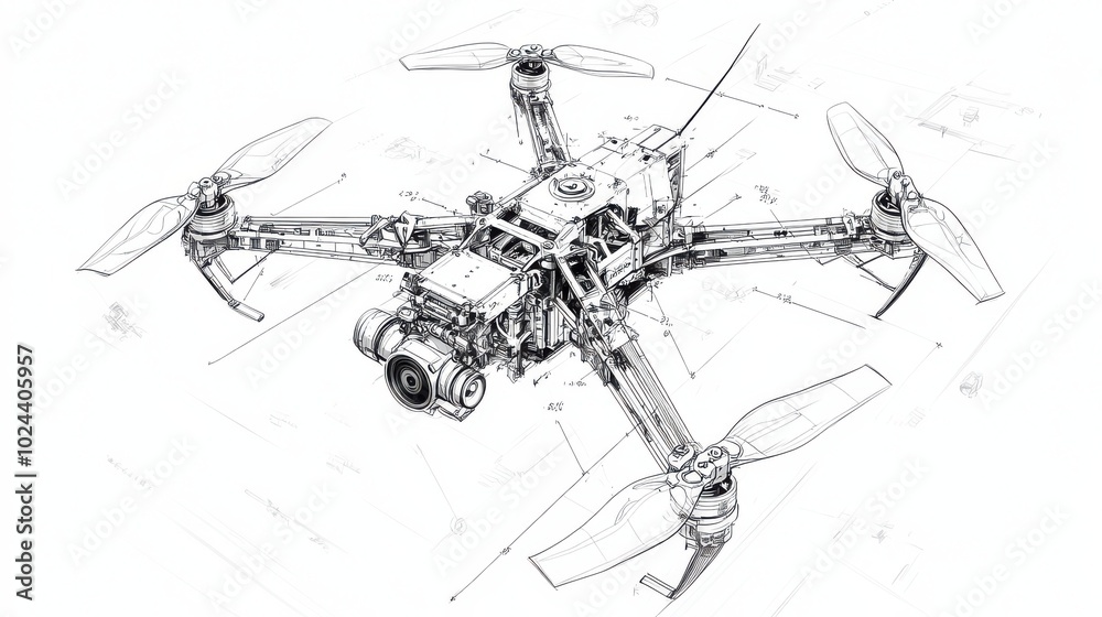 Fototapeta premium A detailed black and white technical sketch of a quadcopter drone. The drone features complex