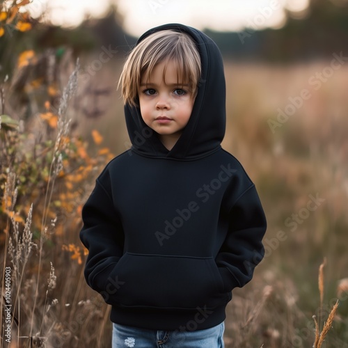 Kids black hoodie mockup. Hansome toddler boy model in Gildan 18500, with hood on head, stands at autumn field. Kids blank tshirt mockup. Basic sports longsleeve shirt template, outdoors photo