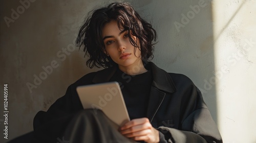 Androgynous Individual Using Digital Tablet with Neutral Backdrop photo