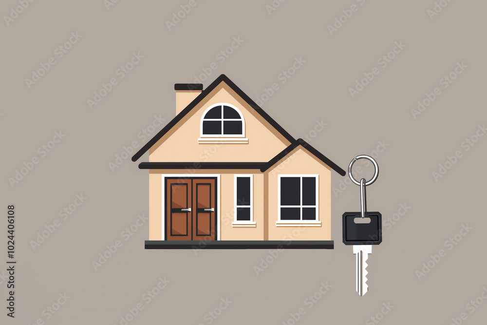 Key to a new build house for first time buyer purchasing a family home in a residential street property development after obtaining an investment mortgage, holiday home stock illustration Key to a new build house for first time buyer purchasing a family home in a residential street property development after obtaining an investment mortgage, holiday home stock illustration