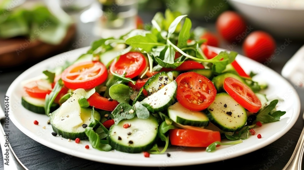 Close Up View of Fresh Vegetable Salad Served on a White Plate Close Up View of Fresh Vegetable Salad Served on a White Plate