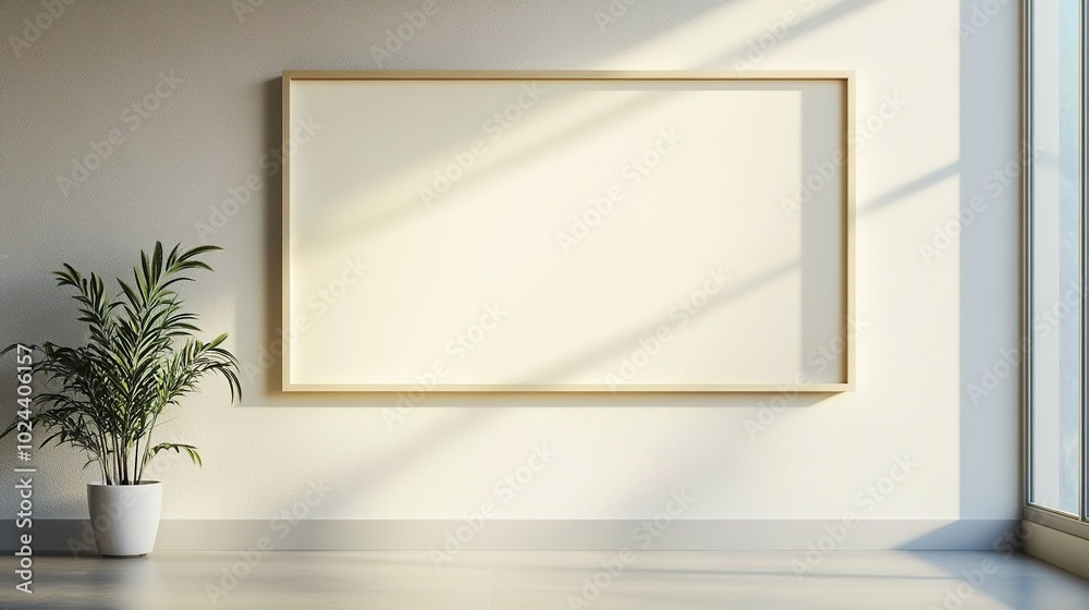 Blank picture frame on wall with sunlight and plant. Blank picture frame on wall with sunlight and plant.