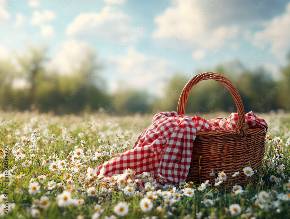 basket filled with yellow flowers, placed on a grassy field with white clouds in the background. basket filled with yellow flowers, placed on a grassy field with white clouds in the background.