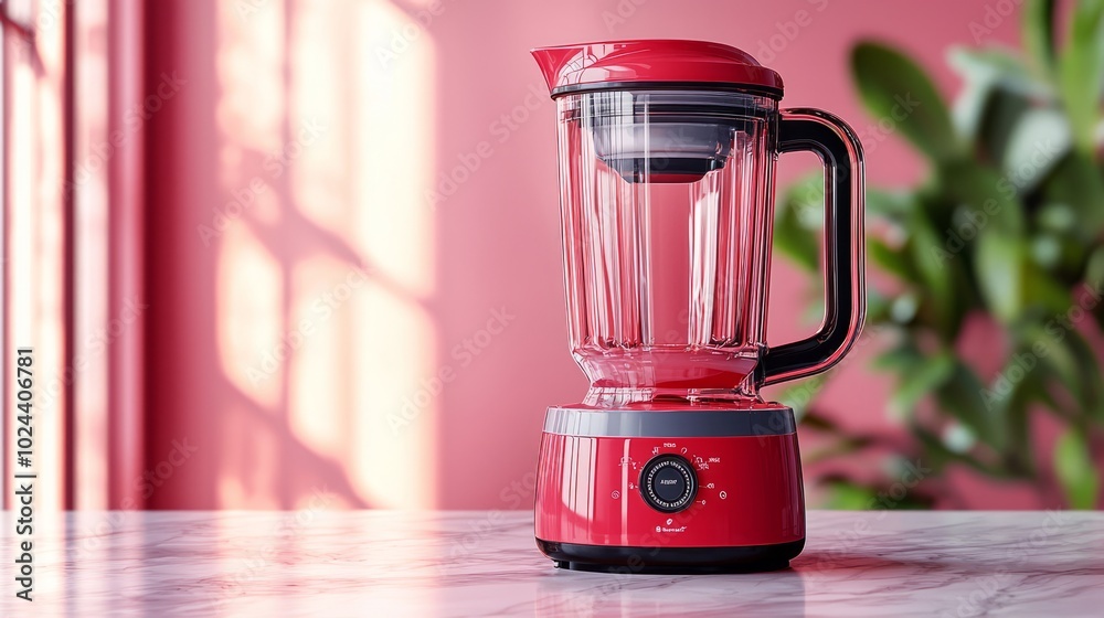 Modern red blender placed on a countertop in a colorful kitchen Modern red blender placed on a countertop in a colorful kitchen
