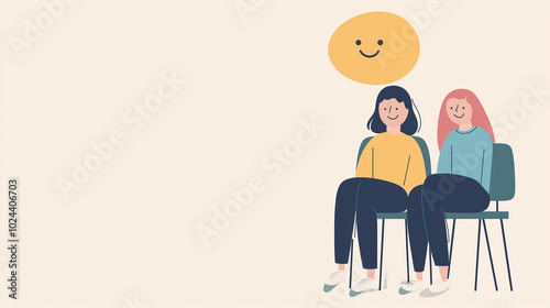 Two friends are seated closely, radiating happiness and support for one another, symbolizing the importance of mental health and companionship, copy space