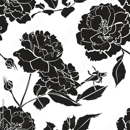 SS 2025 Black velvet rose seamless pattern for fashion, homeware, activewear, swimwear.