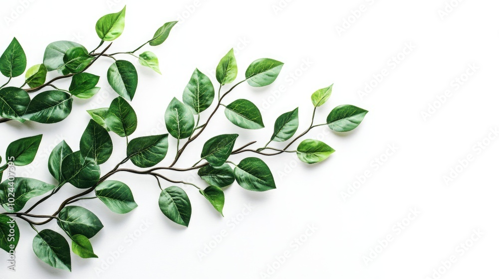 Naklejka premium Branch with Lush Green Leaves Against a White Background