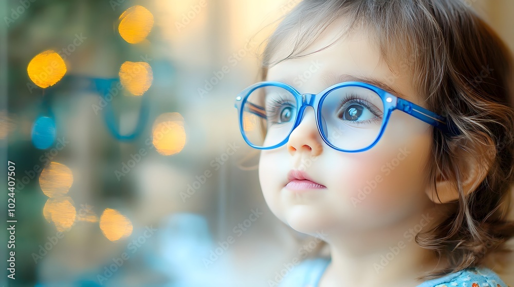 Young child wearing blue glasses focusing on distant tree outside window, symbolizing myopia prevention and importance of outdoor activities Young child wearing blue glasses focusing on distant tree outside window, symbolizing myopia prevention and importance of outdoor activities