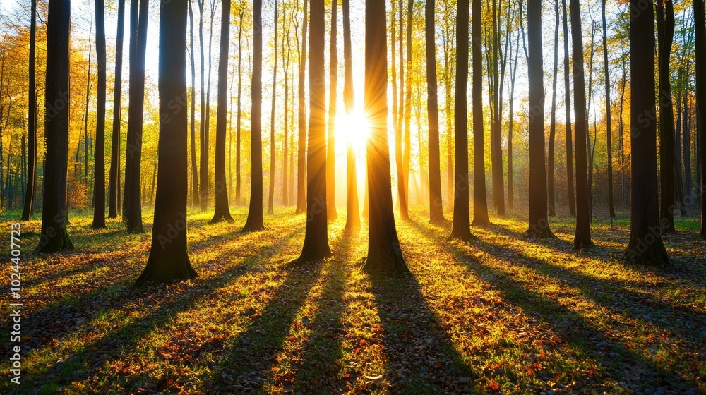 Obraz premium Early Morning Light Filtering Through Forest Trees