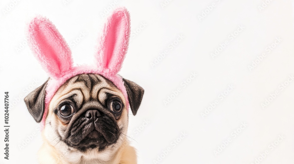 Cheerful pug with bunny ears against a white background featuring space for text Ideal for Easter themes Cheerful pug with bunny ears against a white background featuring space for text Ideal for Easter themes