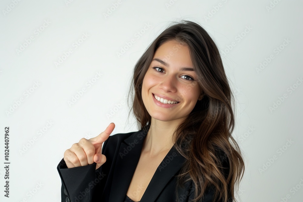 Confident young businesswoman smiling and pointing away while engaging with camera, professional portrait against clean white background Confident young businesswoman smiling and pointing away while engaging with camera, professional portrait against clean white background