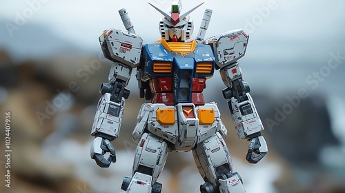 Gundam Model with Iconic Color Scheme Displayed Outdoors