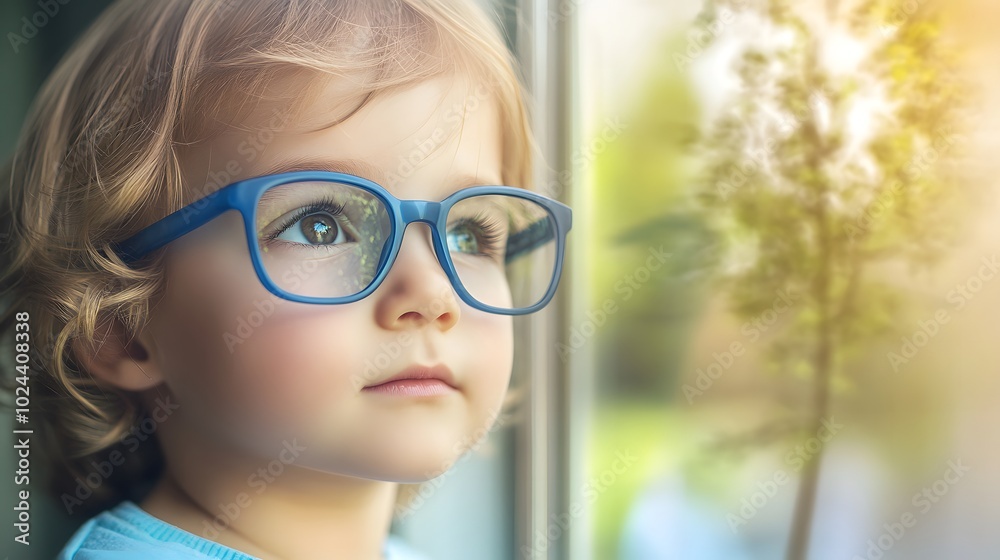 Young child wearing blue glasses focusing on distant tree outside window, symbolizing myopia prevention and importance of outdoor activities Young child wearing blue glasses focusing on distant tree outside window, symbolizing myopia prevention and importance of outdoor activities