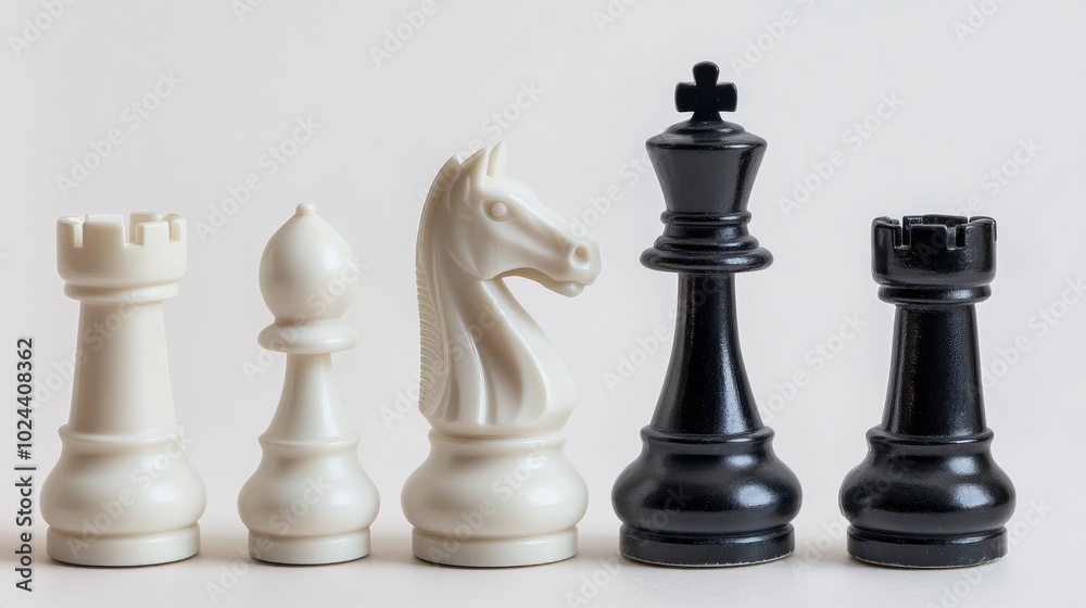Black and White Chess Pieces Featuring King Queen Knight Rook and Pawn on Light Background Black and White Chess Pieces Featuring King Queen Knight Rook and Pawn on Light Background