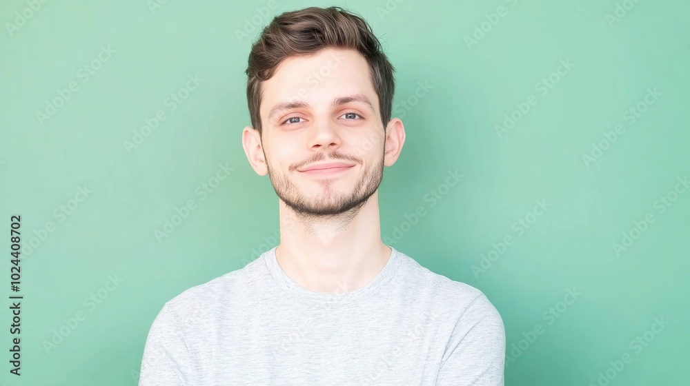 A man in a gray shirt displayed against a green background shown in full height A man in a gray shirt displayed against a green background shown in full height