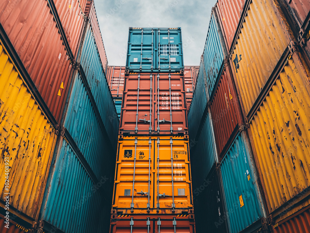 Fototapeta premium a collection of colorful, weathered shipping containers stacked on top of each other.