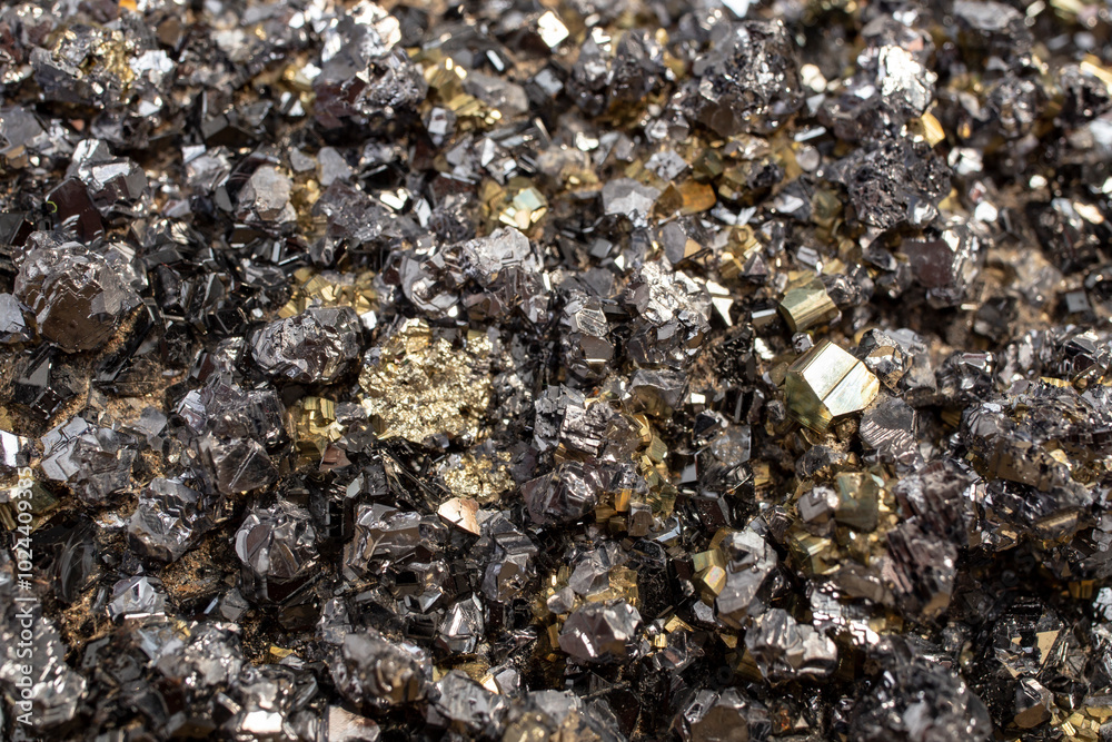 Pyrite mineral flower black and golden color soft focus close up, abstract pattern structure Pyrite mineral flower black and golden color soft focus close up, abstract pattern structure
