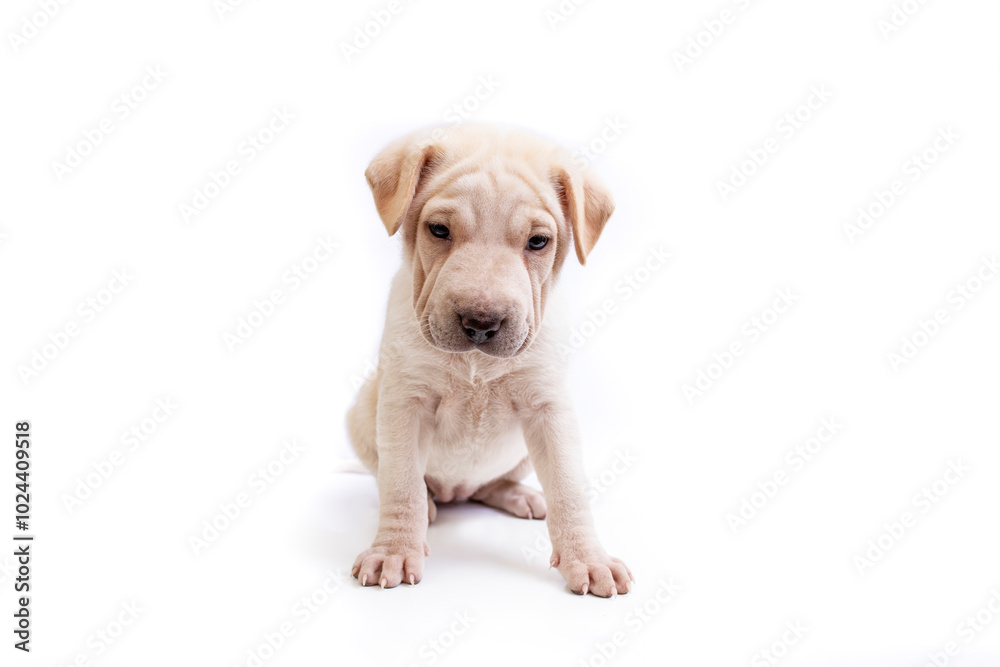 Adorable big head puppy with short hair, sitting, isolated on white background