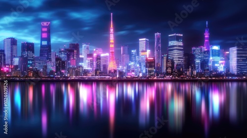 Tokyo Skyline at Night with Glowing Neon Lights