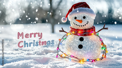 Cheerful snowman with Christmas lights, against a snowy background.