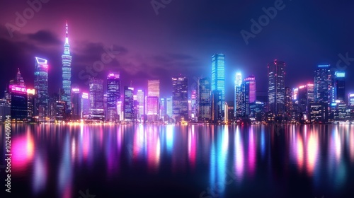 Futuristic Tokyo Skyline at Night with Neon Lights