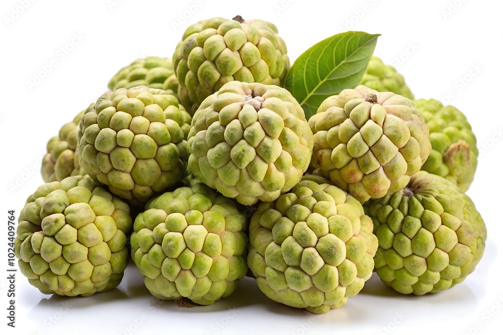 Custard apple with leaves stems on white background Custard apple with leaves stems on white background