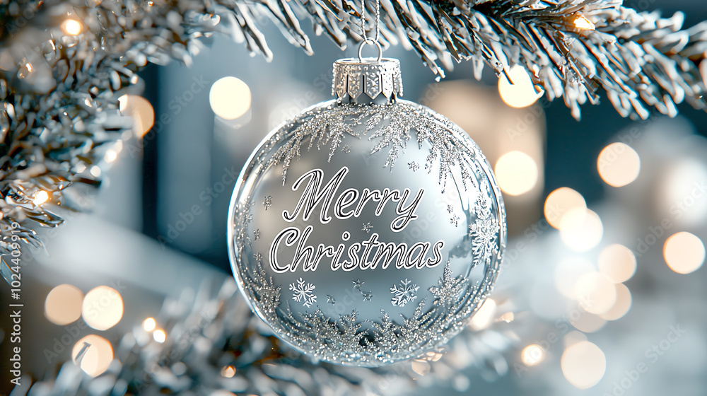 Christmas ornament with 'Merry Christmas' on a tree, festive atmosphere. Christmas ornament with 'Merry Christmas' on a tree, festive atmosphere.