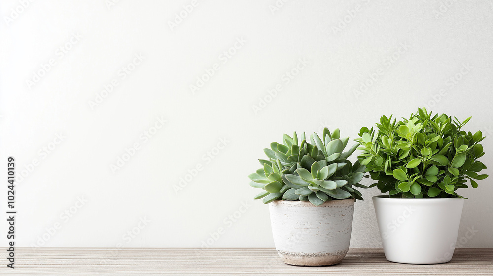 Fototapeta premium Succulent plants in white pots create a calm ambiance, symbolizing growth and appreciation for older individuals on International Older Persons Day, copy space