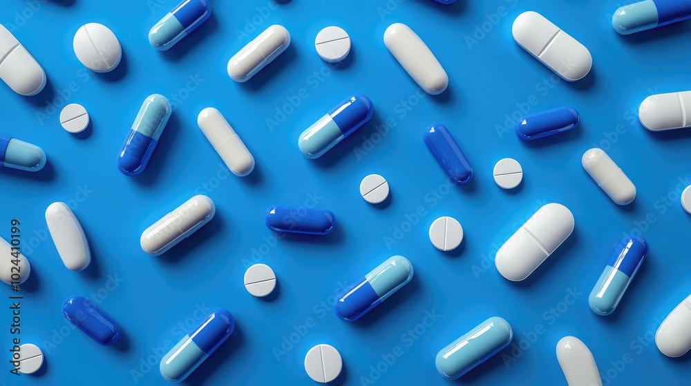A multitude of blue and white capsules tablets and pills arranged on a blue background showcasing a tablet grid Top view of medications in a 3D rendered illustration A multitude of blue and white capsules tablets and pills arranged on a blue background showcasing a tablet grid Top view of medications in a 3D rendered illustration